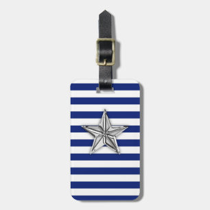 Nautical Silver Star on Blue Stripes Luggage Tag