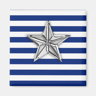 Nautical Silver Star on Blue Stripes Magnet