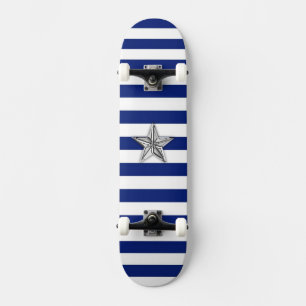 Nautical Silver Star on Blue Stripes Skateboard