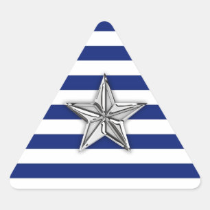 Nautical Silver Star on Blue Stripes Triangle Sticker