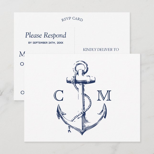 Nautical Sketch Anchor White Meal Choice RSVP Invitation Postcard (Front/Back)