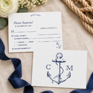Nautical Sketch Anchor White Meal Choice RSVP Invitation Postcard