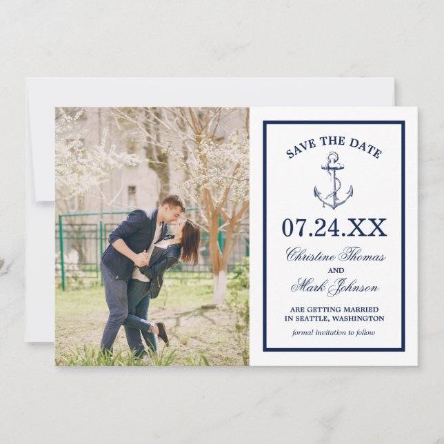 Nautical Sketch Anchor White Navy Photo Save The Date (Front)