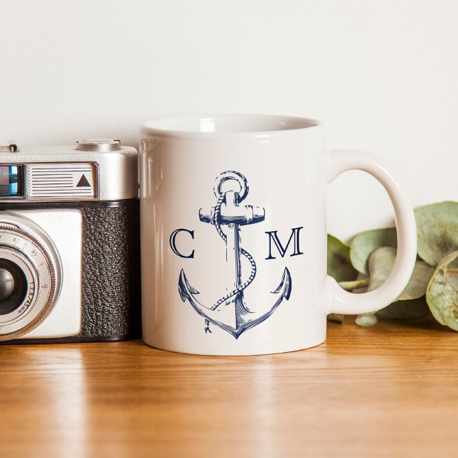Nautical Sketch Navy Blue Anchor Monogram Coffee Mug (Nautical navy blue sketch anchor with monogram initials. Perfect for the beach lover.)