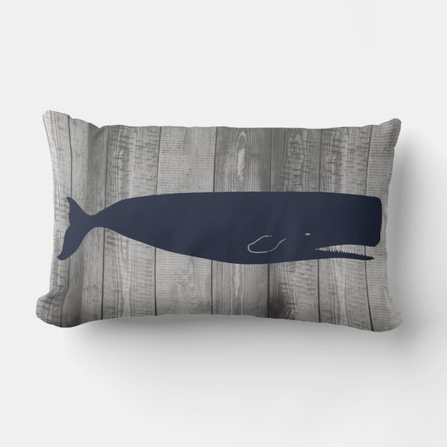 Nautical Sperm Whale Silhouette & Grey Wood Planks Lumbar Pillow (Front)