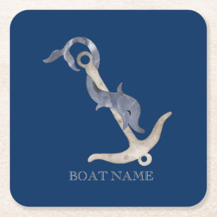 Nautical Spirit Anchor Dolphin Navy Blue   Square Paper Coaster