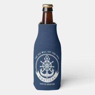 Nautical Spirit Anchor,Wheel, Navy Blue Bottle Cooler