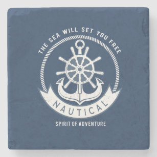 Nautical Spirit Anchor,Wheel, Navy Blue Stone Coaster