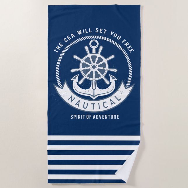 Nautical Spirit Anchor,Wheel, Navy Blue,Stripes Beach Towel (Front)