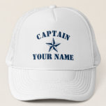 Nautical star boat captain name sailing yachting trucker hat<br><div class="desc">Nautical star boat captain name sailing yachting Trucker Hat. Bold typography template for name or quote. Make your own personalized cap for boating. Navy blue maritime symbol with custom text. Cool Birthday or Fathers Day gift idea for men. Make your own for skipper, dad, uncle, father, brother, husband, friend etc....</div>