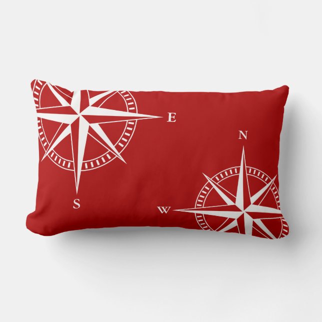 Nautical Star, Compass,  Red and White, Nautical, Lumbar Pillow (Front)