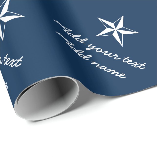 Nautical star navy blue and white personalized wrapping paper (Roll Corner)
