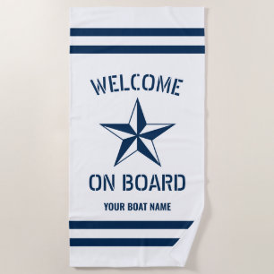 Nautical star welcome on board custom ship name beach towel