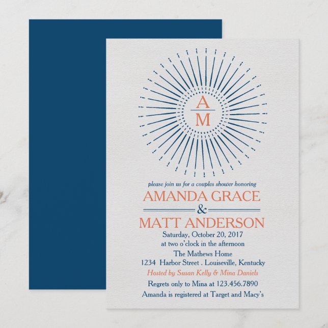 Nautical Starburst Navy and Orange Bridal Shower Invitation (Front/Back)
