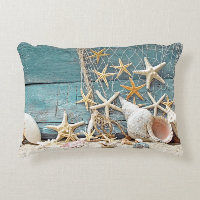 Nautical Starfish and Fisherman Net Decorative Pillow (Front)