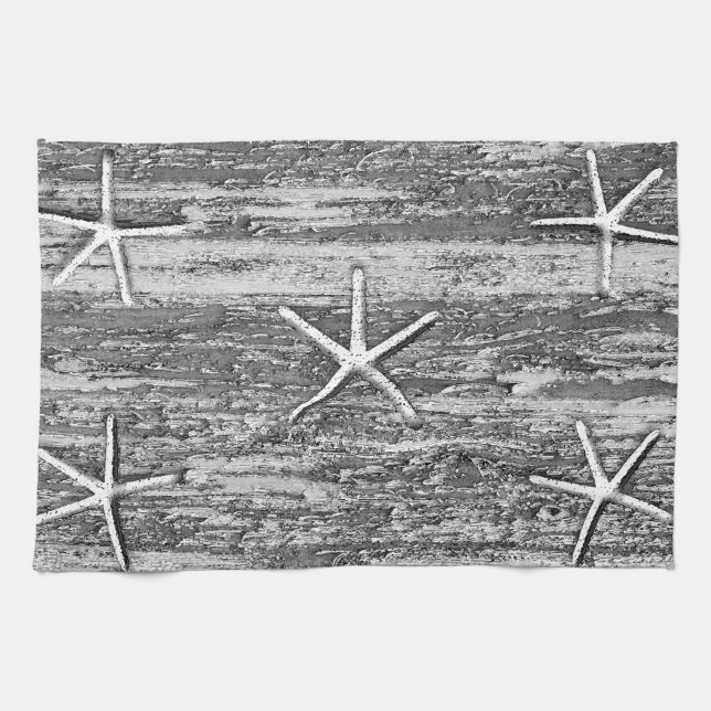 Nautical Starfish Driftwood Grey White Watercolor Kitchen Towel (Horizontal)