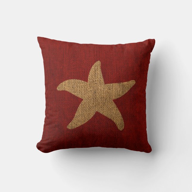 Nautical Starfish in Rustic Red and Burlap Look Throw Pillow (Front)