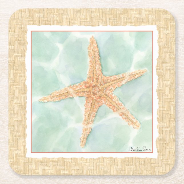 Nautical Starfish in Water Square Paper Coaster (Front)