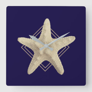 Nautical Starfish Navy Blue Minimalist Square Wall Clock