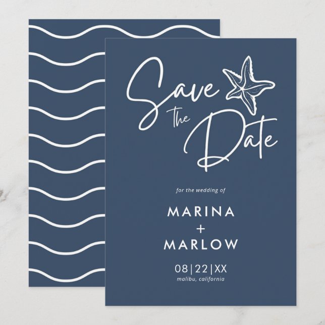 Nautical Starfish Navy White Stripe Wedding Save T Save The Date (Front/Back)