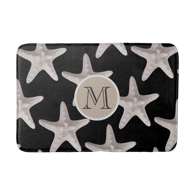 Nautical Starfish Pattern Black Beige Monogram Bath Mat (Front)