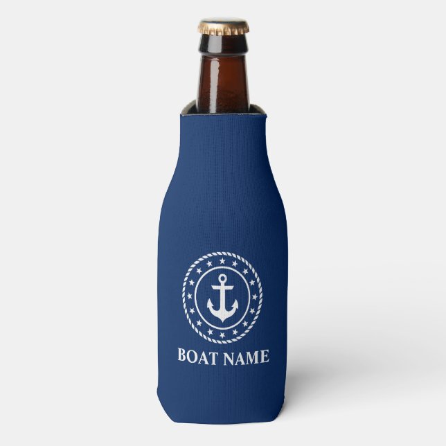 Nautical Stars Rope Boat Name Anchor Navy Blue Bottle Cooler (Bottle Front)