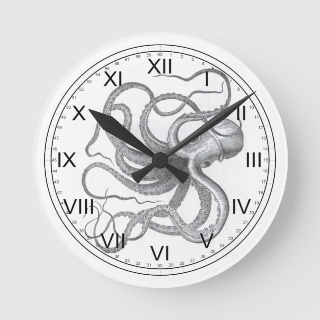 Nautical steampunk octopus vintage kraken drawing round clock (Front)