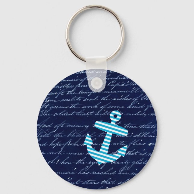 Nautical Stripe anchor handwriting design Keychain (Front)