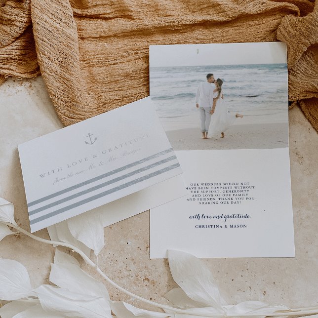 Nautical Stripe & Anchor Wedding Photo Thank You Foil Card (Creator Uploaded)