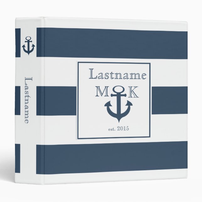 Nautical Stripe and Anchor Navy Blue Binder (Front/Spine)