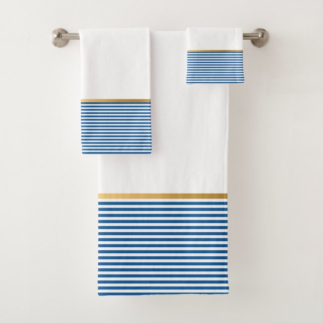 NAUTICAL STRIPE BLUE GOLD BATHROOM TOWEL SET (Insitu)