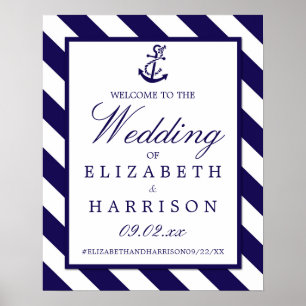 Nautical Stripe & Navy Blue Anchor Wedding Welcome Poster