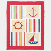 Nautical Stripe Sherpa Fleece Blanket with Anchor
