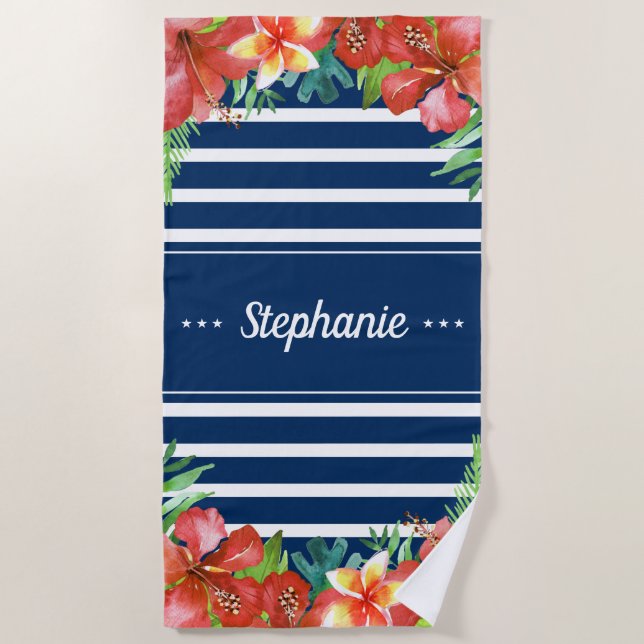 Nautical Stripe Tropical Floral Personalized Beach Towel (Front)