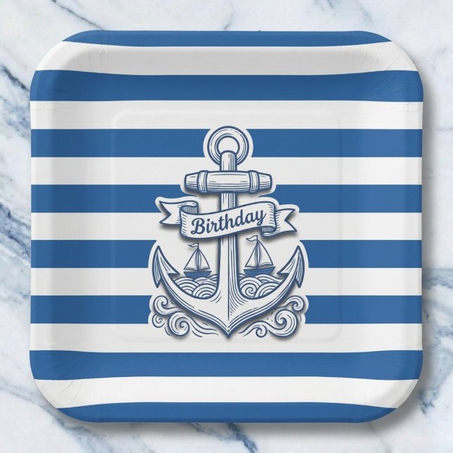 Nautical Striped Anchor Birthday Paper Plate (Set a stylish party table.)
