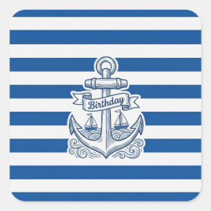 Nautical Striped Anchor Birthday Square Sticker