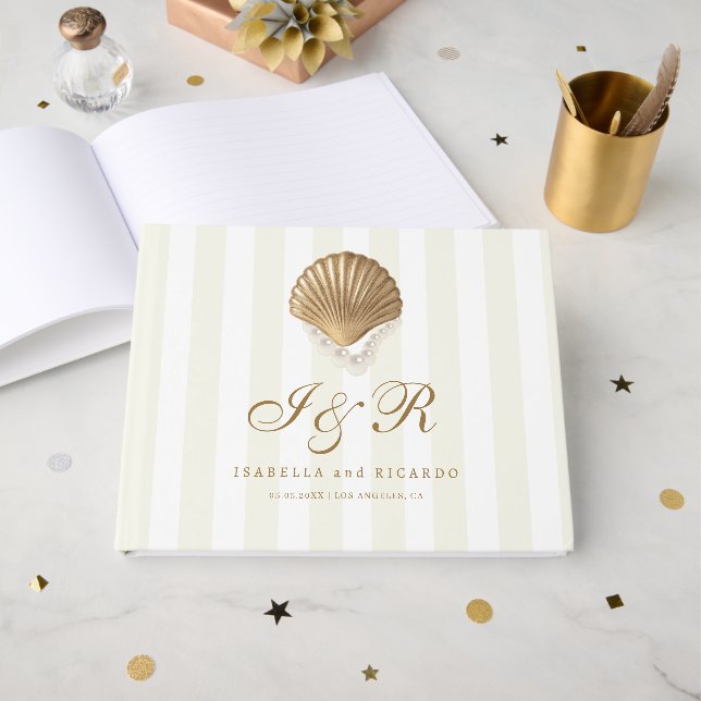 Nautical Striped Gold Seashell Coastal Wedding Guest Book (Front Open)