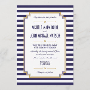 Nautical Striped Navy Blue White Wedding Invite