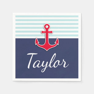 Nautical Striped Pattern Red Anchor Custom Text Napkin