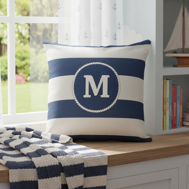 Nautical Striped Weave Monogram Navy White ID1248 Throw Pillow (Creator Uploaded)