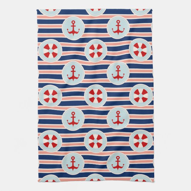 Nautical Stripes And Dots Pattern Kitchen Towel (Vertical)