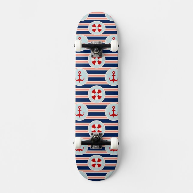 Nautical Stripes And Dots Pattern Skateboard (Front)