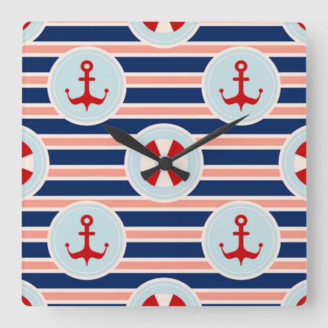 Nautical Stripes And Dots Pattern Square Wall Clock (Front)
