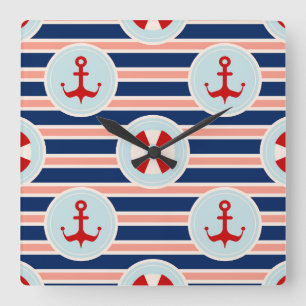 Nautical Stripes And Dots Pattern Square Wall Clock