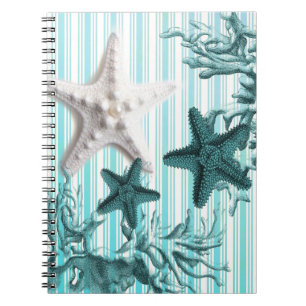 nautical stripes aqua seashells blue starfish notebook