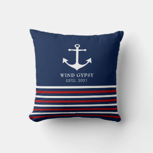 Nautical Stripes Blue Red White Anchor Custom Throw Pillow