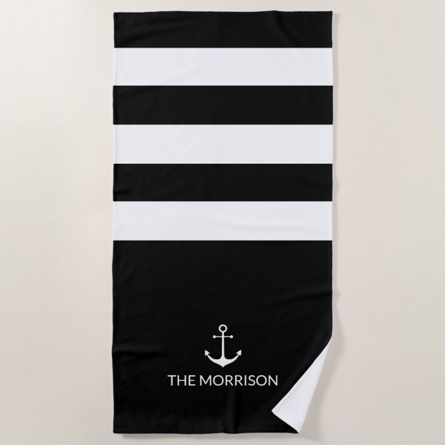 Nautical Stripes Boat Name white anchor black Beach Towel (Front)