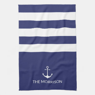 Nautical Stripes Boat Name white anchor navy blue Kitchen Towel