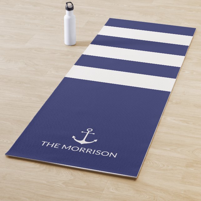 Nautical Stripes Boat Name white anchor navy blue Yoga Mat (In Situ)