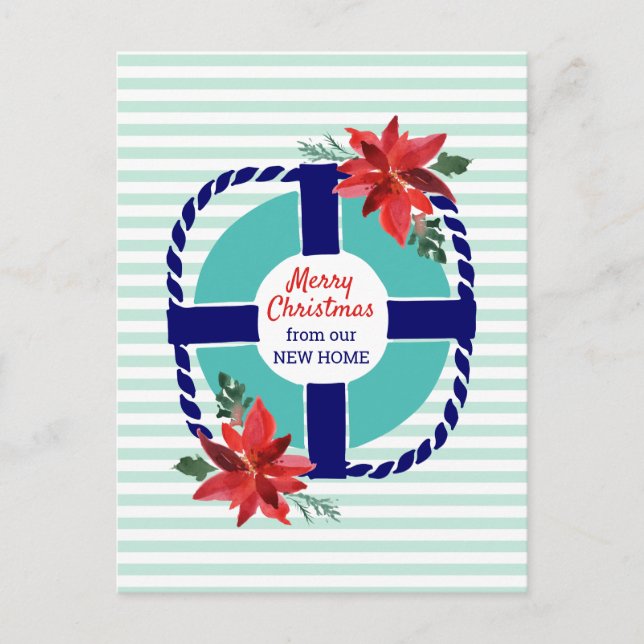 Nautical Stripes Christmas Poinsettias Moving Announcement Postcard (Front)